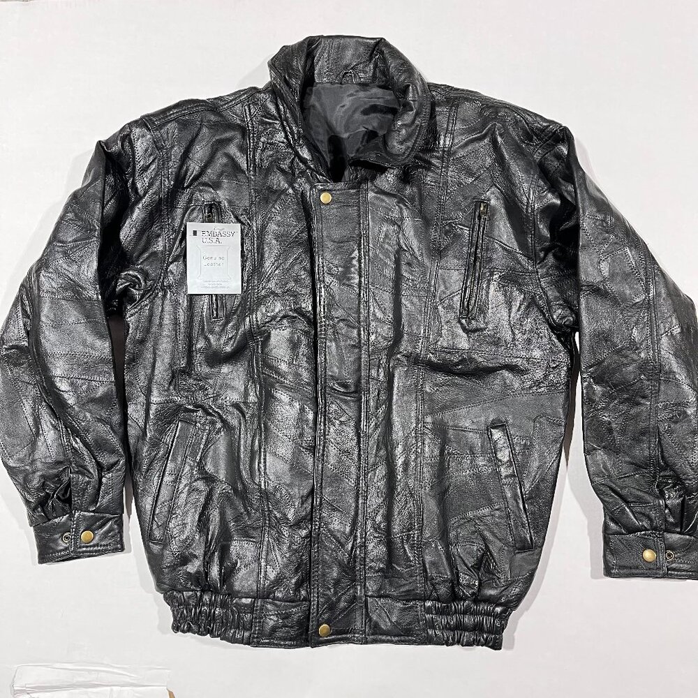 NWT Vintage 90s Embassy USA Black Patchwork Leather Bomber Jacket  Coat Size XL